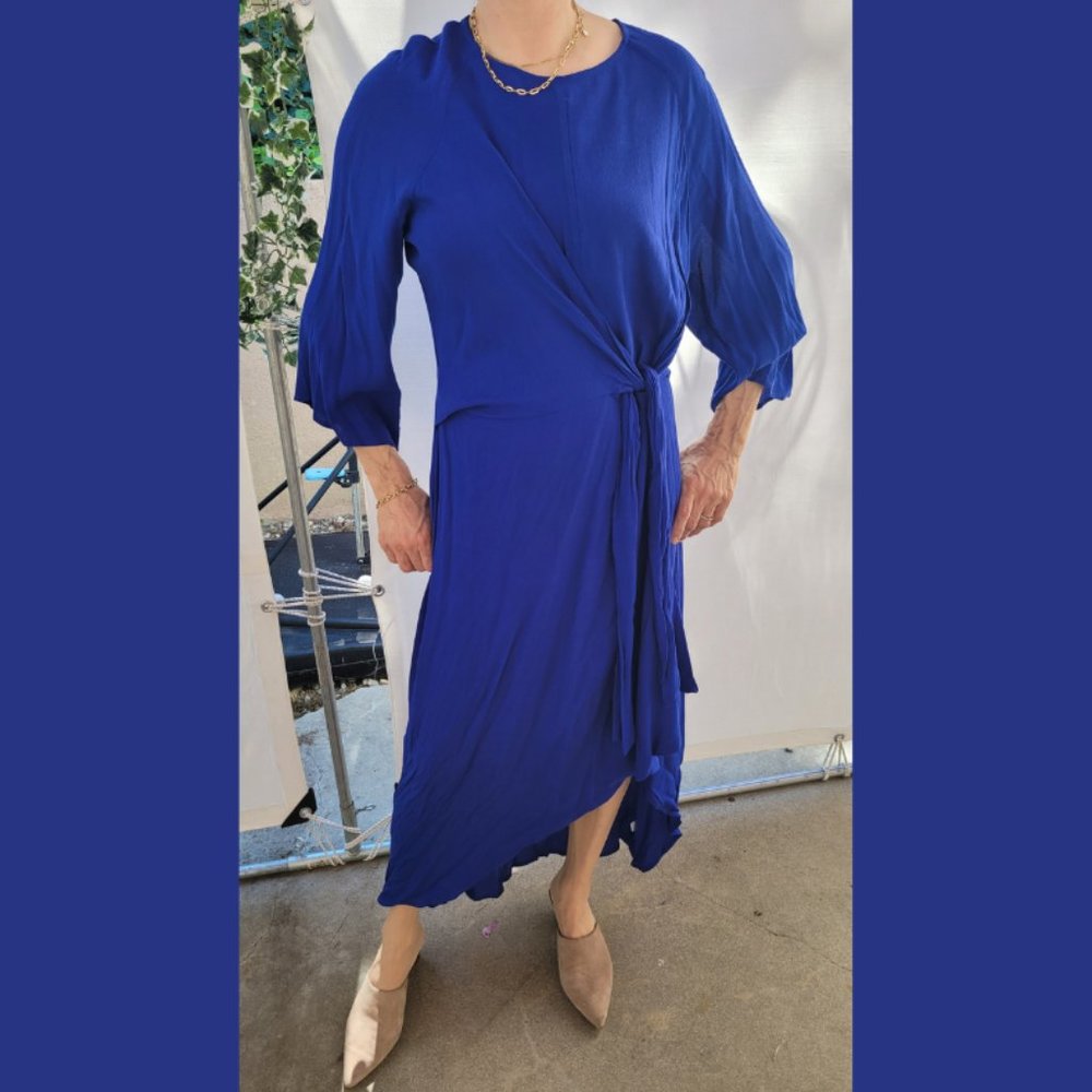 royal blue midi wrap tie dress size M